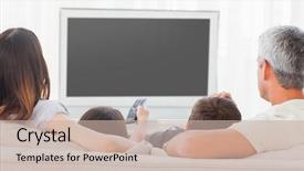  Presentation with television watching - PPT theme consisting of sitting on sofa watching television background and a soft green colored foreground