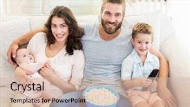  Presentation with living room family - Slide deck with sitting on sofa watching television background and a  colored foreground