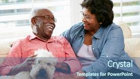  Presentation with active seniors senior couple - Amazing theme having sitting on sofa with dog backdrop and a ocean colored foreground