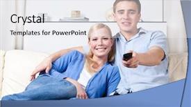  Presentation with married - Colorful slides enhanced with sitting on the white couch married couple is going to watch tv set backdrop and a sky blue colored foreground