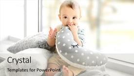  Presentation with baby sitting - Slides with sitting on windowsill at home background and a light gray colored foreground