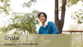  Presentation with young business woman smile show - PPT layouts consisting of sitting outdoors with a briefcase background and a mint green colored foreground