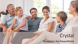  Presentation with portrait happy family smiling - Audience pleasing slide set consisting of sitting together in a conversation backdrop and a soft green colored foreground