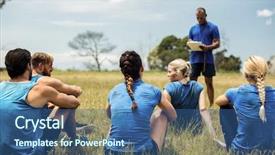  Presentation with multicultural people together - Slide set having sitting together in the bootcamp background and a ocean colored foreground