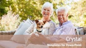  Presentation with active seniors senior couple - Slide set with sitting with a pet dog background and a coral colored foreground