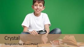  Presentation with green glass - Colorful slides enhanced with sitting with stack of books backdrop and a coral colored foreground
