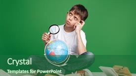  Presentation with green globe - Audience pleasing PPT theme consisting of sitting with stack of books backdrop and a ocean colored foreground