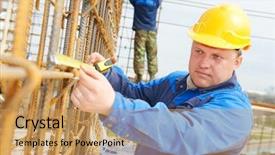  Presentation with reinforcement - Cool new PPT layouts with situ - builder worker measuring metal rods backdrop and a  colored foreground