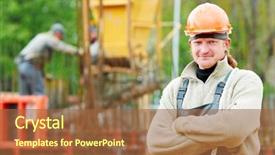  Presentation with construction work - Beautiful PPT layouts featuring situ - one cheerful builder worker backdrop and a  colored foreground