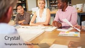  Presentation with meeting table - Slide set consisting of six architects sitting around table background and a coral colored foreground