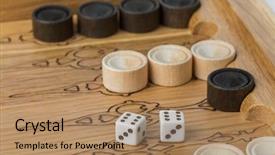  Presentation with field - PPT theme featuring six circles - backgammon playing field and dices background and a coral colored foreground