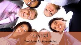  Presentation with huddle - PPT theme having six circles - group of business people standing background and a coral colored foreground