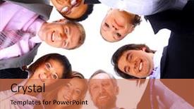  Presentation with huddle - Amazing PPT layouts having six circles - group of business people standing backdrop and a coral colored foreground