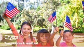  Presentation with independence day - PPT layouts featuring six flags - children holding american flag background and a coral colored foreground