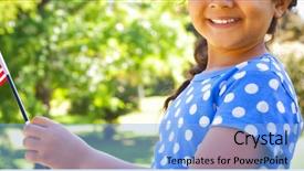  Presentation with american flag - Beautiful theme featuring six flags - portrait of similing girl holding backdrop and a light blue colored foreground