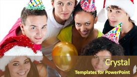  Presentation with merry christmas and new year - Presentation design having portrait of six friends celebrating new year's arrival background and a tawny brown colored foreground