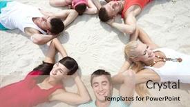  Presentation with circle - Beautiful PPT theme featuring six friends lying on sand backdrop and a  colored foreground