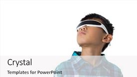  Presentation with virtual reality therapy - PPT theme consisting of six gear - boy using virtual reality glasses background and a white colored foreground