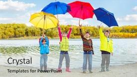  Presentation with gear - Audience pleasing slide deck consisting of six gear - boys and girls holding umbrellas backdrop and a soft green colored foreground