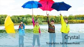  Presentation with kids - Theme having six gear - kids in autumn clothing holding background and a light blue colored foreground