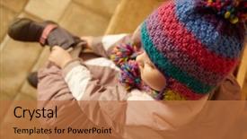  Presentation with wooden boat at sea edge - Presentation having six gear - young girl sitting on wooden background and a coral colored foreground