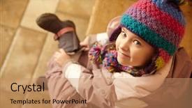  Presentation with wooden boat at sea edge - Presentation theme enhanced with six gear - young girl sitting on wooden background and a coral colored foreground