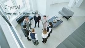  Presentation with points - Colorful presentation design enhanced with six-intercultural-colleagues-in-formalwear backdrop and a sky blue colored foreground