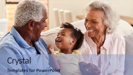  Presentation with grandparents - Colorful presentation design enhanced with sixties - grandparents sitting on sofa backdrop and a light blue colored foreground