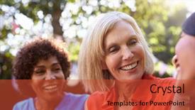  Presentation with friends - Colorful slide set enhanced with sixties - mature female friends socializing backdrop and a red colored foreground