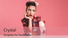  Presentation with milkshake - Colorful presentation design enhanced with sixties - portrait of a bored brunette backdrop and a coral colored foreground