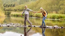 Presentation with senior couple - Beautiful slide deck featuring sixty stone - senior couple crossing river whilst backdrop and a yellow colored foreground