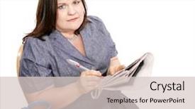  Presentation with classified - Colorful slide set enhanced with sized businesswoman circling classified ads backdrop and a  colored foreground