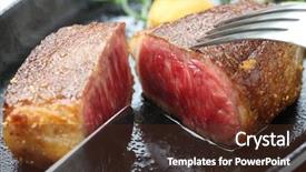  Presentation with japanese food - PPT theme enhanced with sizzling - wagyu beef steak japanese food background and a tawny brown colored foreground
