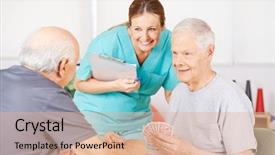  Presentation with old men - Beautiful theme featuring skat - smiling geriatric nurse watching twi backdrop and a coral colored foreground