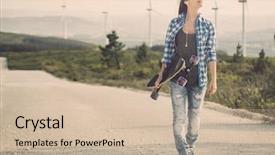  Presentation with walking - Theme with skate boarding - beautiful young woman walking background and a soft green colored foreground