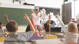  Presentation with school kids - Colorful slide set enhanced with skeletal - front view of teacher asking backdrop and a coral colored foreground