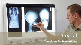  Presentation with diagnosis - PPT theme featuring skeletal - specialist watching images of skull background and a coral colored foreground