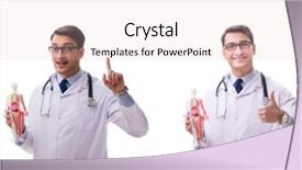  Presentation with skeleton - Beautiful presentation theme featuring yong male doctor with skeleton isolated on white backdrop and a lemonade colored foreground