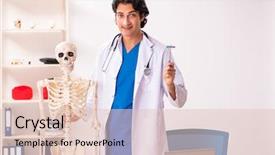  Presentation with skeleton for kids - Audience pleasing PPT theme consisting of skelethon healthcare - young male doctor with skeleton backdrop and a  colored foreground