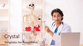  Presentation with skeleton soccer - Beautiful slides featuring skelethon healthcare - young male doctor with skeleton backdrop and a  colored foreground