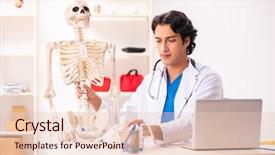  Presentation with skeleton for kids - Presentation having skelethon healthcare - young male doctor with skeleton background and a  colored foreground
