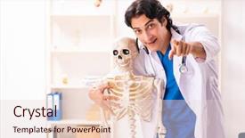  Presentation with skeleton - Amazing slide deck having skelethon healthcare - young male doctor with skeleton backdrop and a  colored foreground