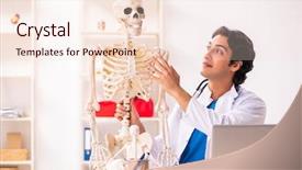  Presentation with skeleton for kids - Beautiful PPT layouts featuring skelethon healthcare - young male doctor with skeleton backdrop and a  colored foreground