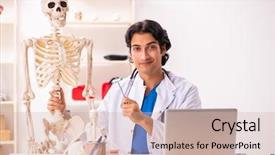  Presentation with running skeleton - Cool new presentation theme with skelethon healthcare - young male doctor with skeleton backdrop and a  colored foreground