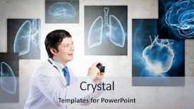  Presentation with doctor taking care of baby - Theme featuring skeleton heart brain - young funny doctor taking photos background and a  colored foreground