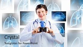  Presentation with funny - Amazing theme having skeleton heart brain - young funny doctor taking photos backdrop and a  colored foreground