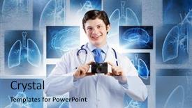  Presentation with funny - Presentation featuring skeleton heart brain - young funny doctor taking photos background and a  colored foreground