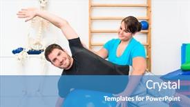  Presentation with office ergonomics man worker exercising - Audience pleasing presentation theme consisting of skeleton sport - young man exercising on swiss backdrop and a teal colored foreground