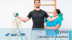  Presentation with physical therapy - Colorful PPT layouts enhanced with skeleton sport - young man exercising with resistance backdrop and a  colored foreground