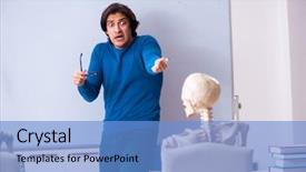  Presentation with examination - Presentation design consisting of skeleton student in the classroom background and a light blue colored foreground